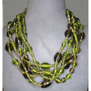 Green Multi-Strand Glass Bead Necklace 16" With 2.5" Extension